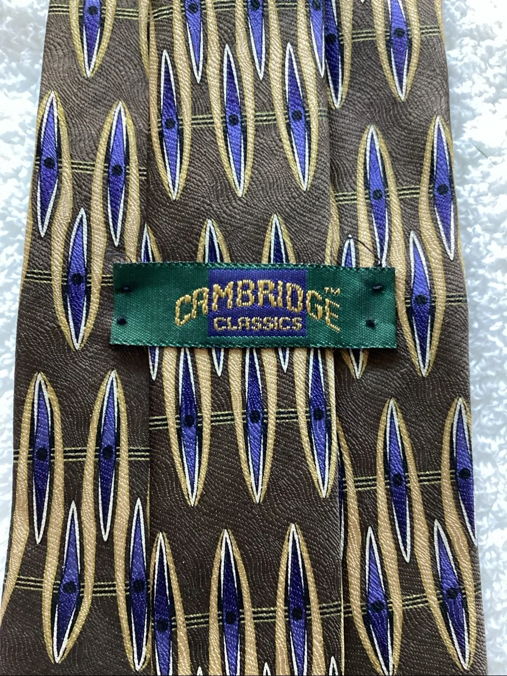 Brown Silk Tie with Blue and Gold Geometric Motif